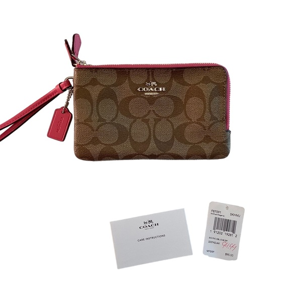 COACH Wristlet Wallet Signature Logo Medium F87591 Khaki/Magenta Pink Double Zip - Picture 4 of 6